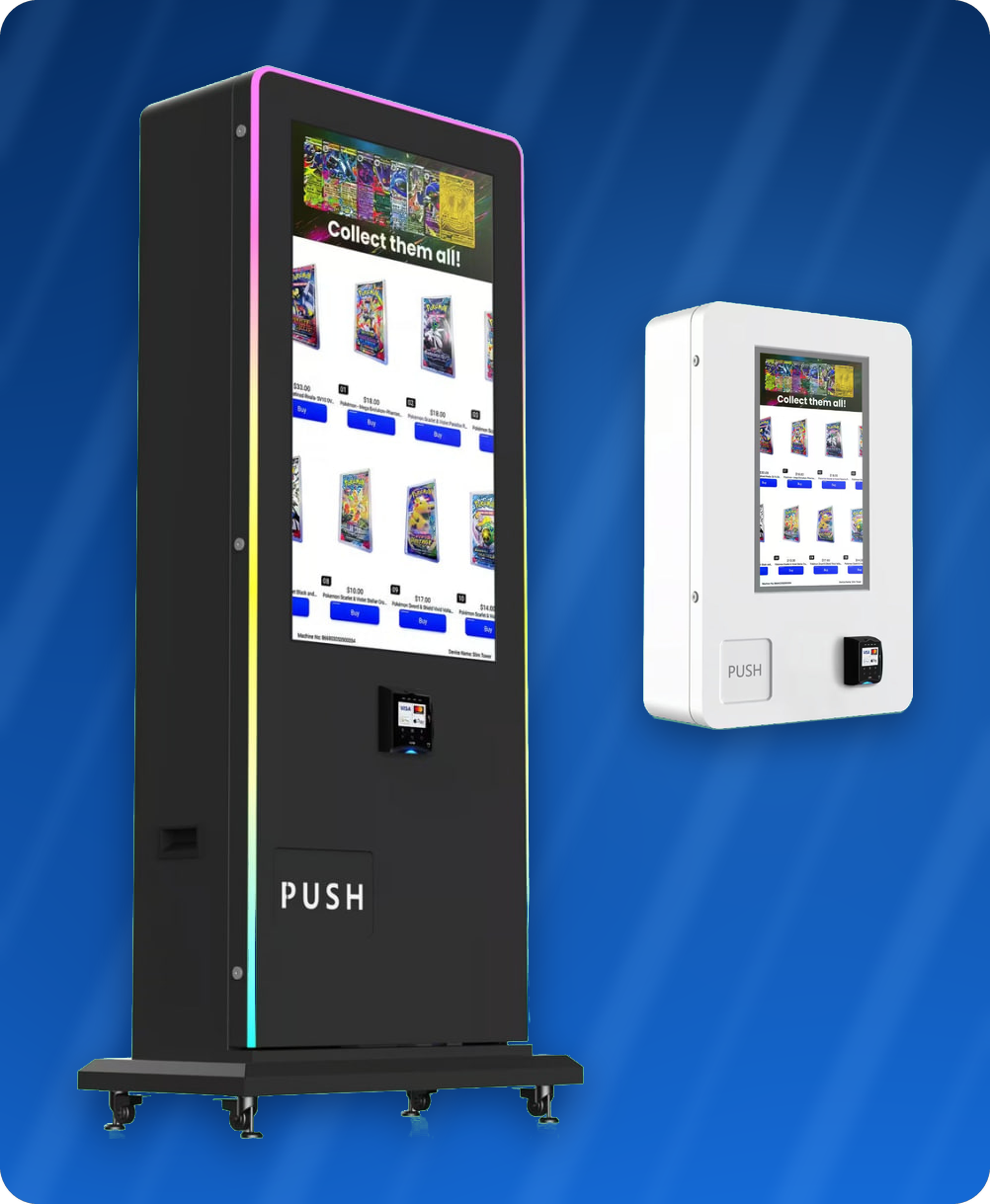 A RoboMart floor standing tower vending machine beside a smaller wall mounted unit